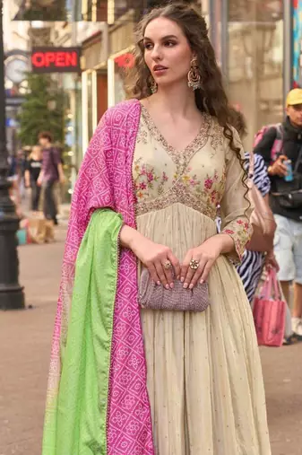 Parrot green simmar silk anarkali with thread & sequin work small motifs and detailed border.