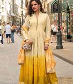 Mustard yellow simmar silk anarkali with thread & sequin work small motifs and detailed border.