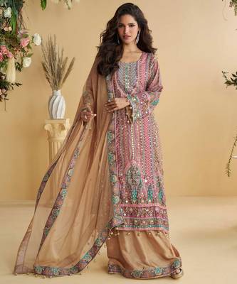 Soft pink embroidery and hand work only crep straight long kurti sharara-Full Stitched free size 1