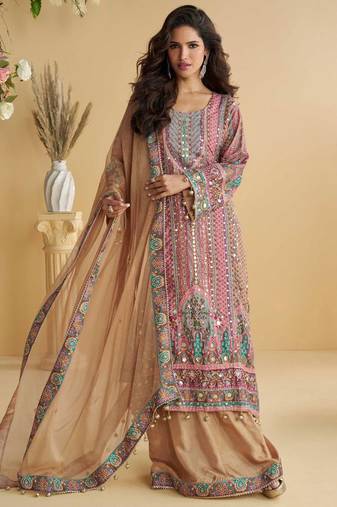 Soft pink embroidery and hand work only crep straight long kurti sharara-Full Stitched free size