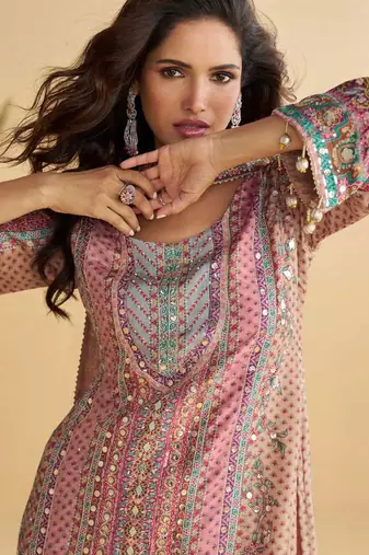 Soft pink embroidery and hand work only crep straight long kurti sharara-Full Stitched free size