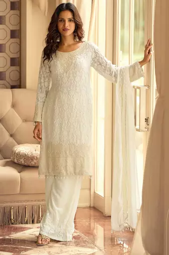 Off-white georgette set with white thread zari & sequin work plus embroidered borders and sleeves 42")