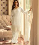 Off-white georgette set with white thread zari & sequin work plus embroidered borders and sleeves 42")