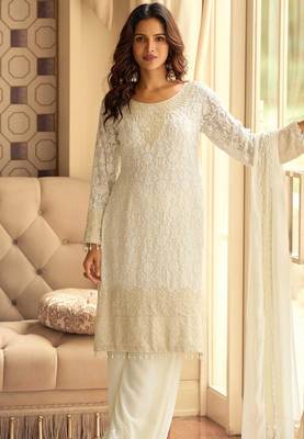 Off-white georgette set with white thread zari & sequin work plus embroidered borders and sleeves 42") 2