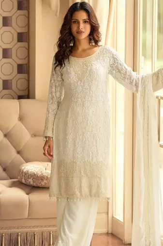 Off-white georgette set with white thread zari & sequin work plus embroidered borders and sleeves 42")