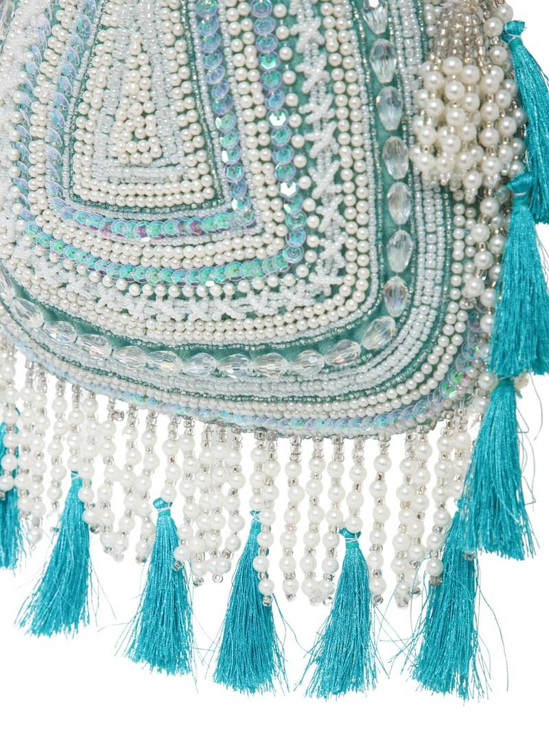 dewdrop fringe mint green & ivory embellished velvet potli
