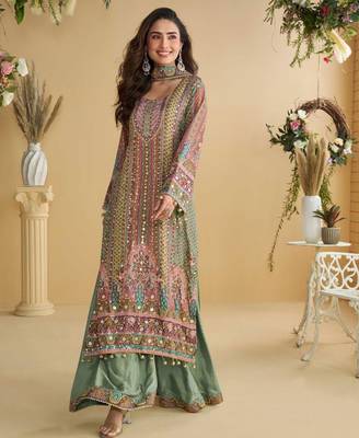 Multi embroidery and hand work only crep straight long kurti sharara-Full Stitched free size 1