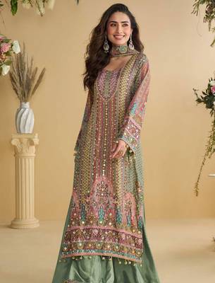 Multi embroidery and hand work only crep straight long kurti sharara-Full Stitched free size 2