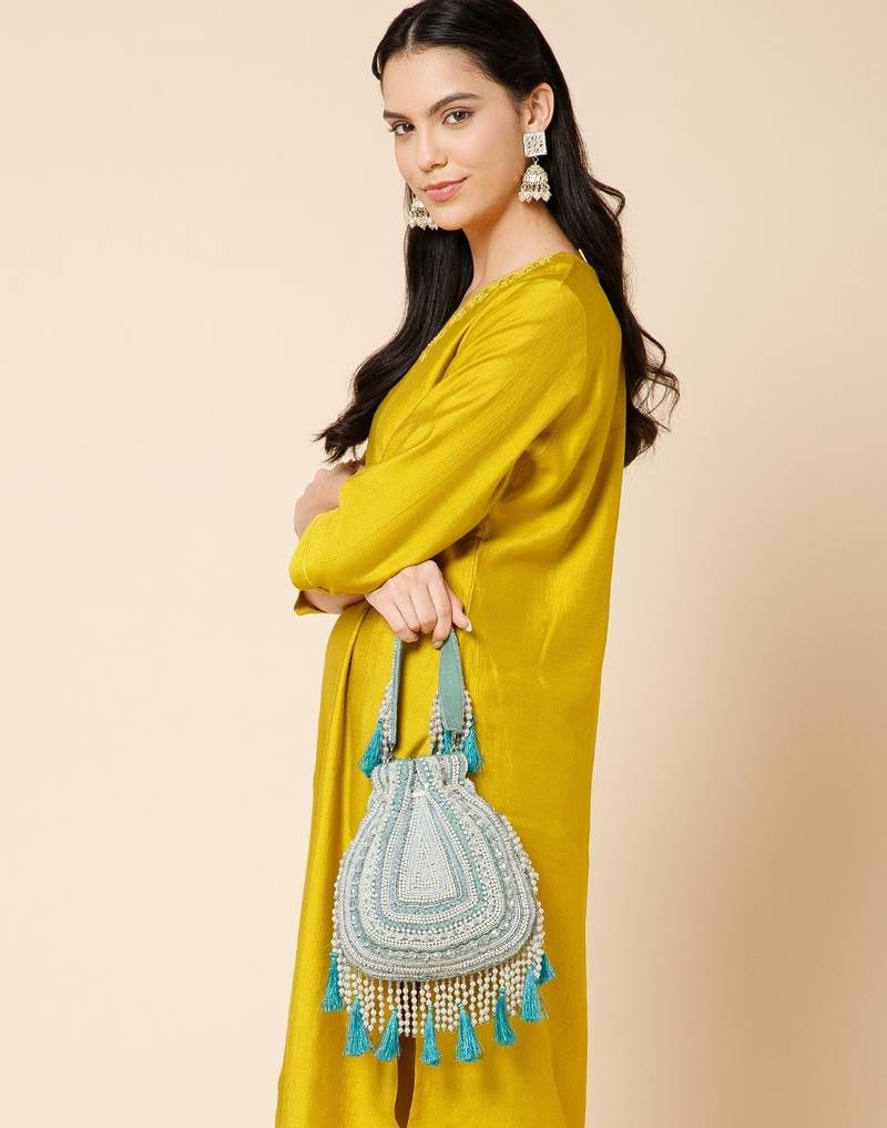dewdrop fringe mint green & ivory embellished velvet potli