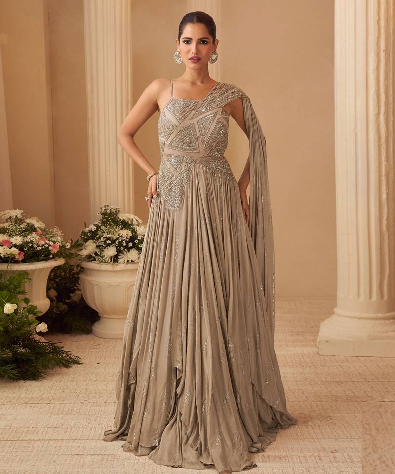 Beige chinnon silk cape anarkali with golden zari thread floral embroidery and sequin edges-Full Stitched free size