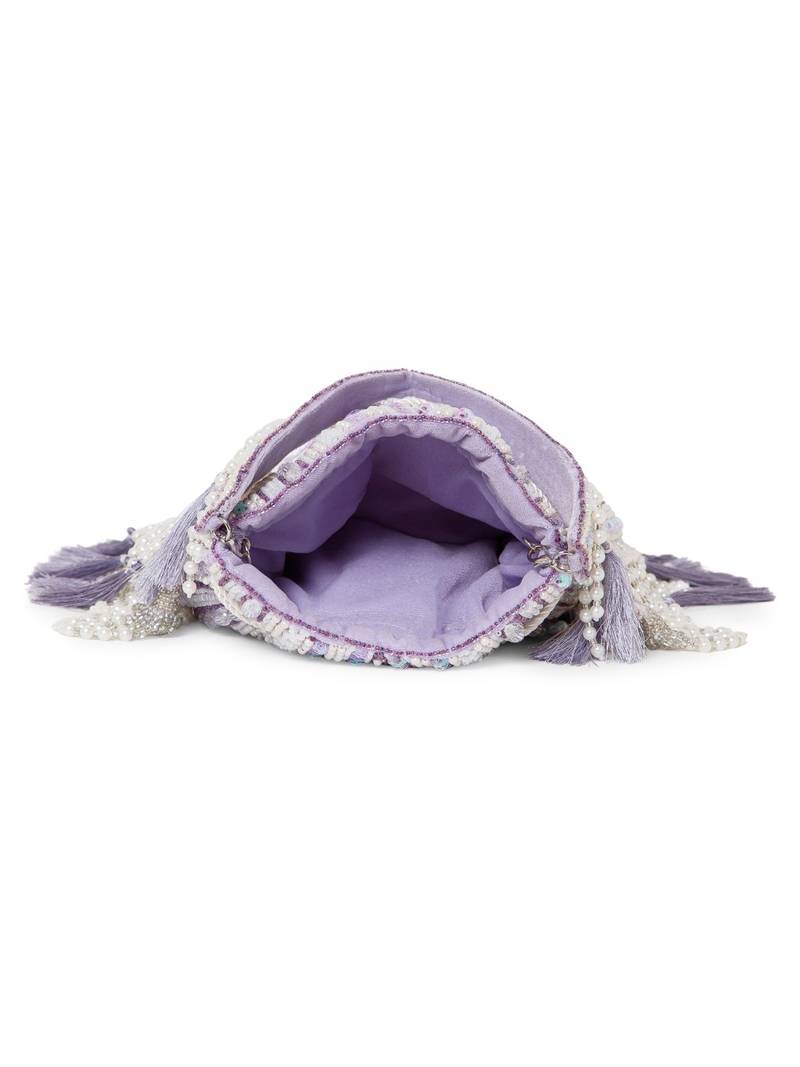 dewdrop fringe light lavender & ivory embellished velvet potli