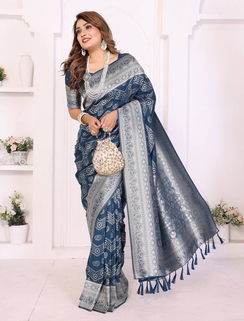 blue premium georgette art silk saree