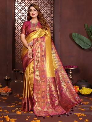 mustard banarasi tissue art silk saree 2