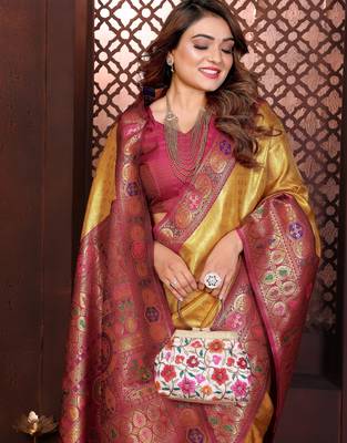 mustard banarasi tissue art silk saree 3