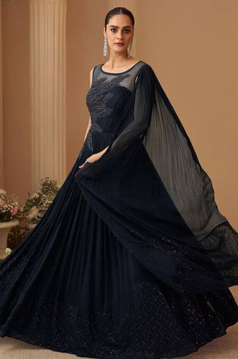 Deep navy chinnon silk cape anarkali with golden zari thread floral embroidery and sequin detailing 42")