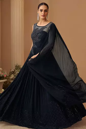 Deep navy chinnon silk cape anarkali with golden zari thread floral embroidery and sequin detailing 42")