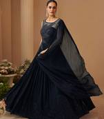 Deep navy chinnon silk cape anarkali with golden zari thread floral embroidery and sequin detailing 42")