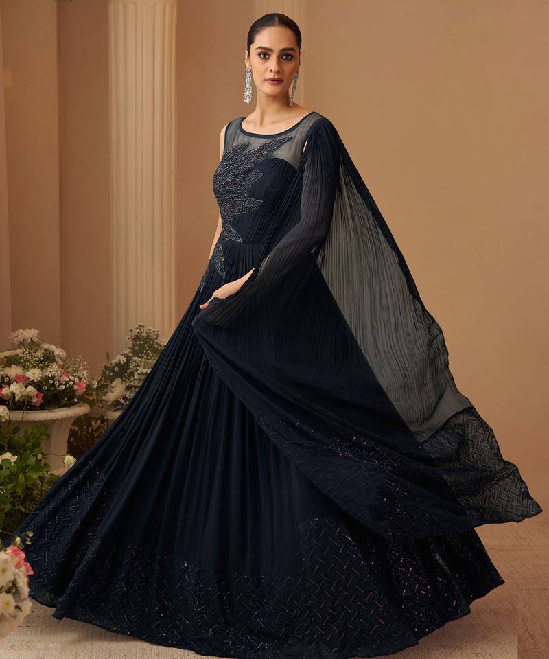 Deep navy chinnon silk cape anarkali with golden zari thread floral embroidery and sequin detailing 42")