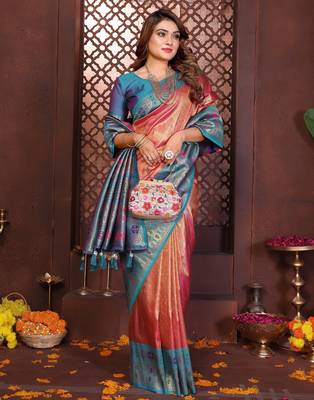 orange banarasi tissue art silk saree 2