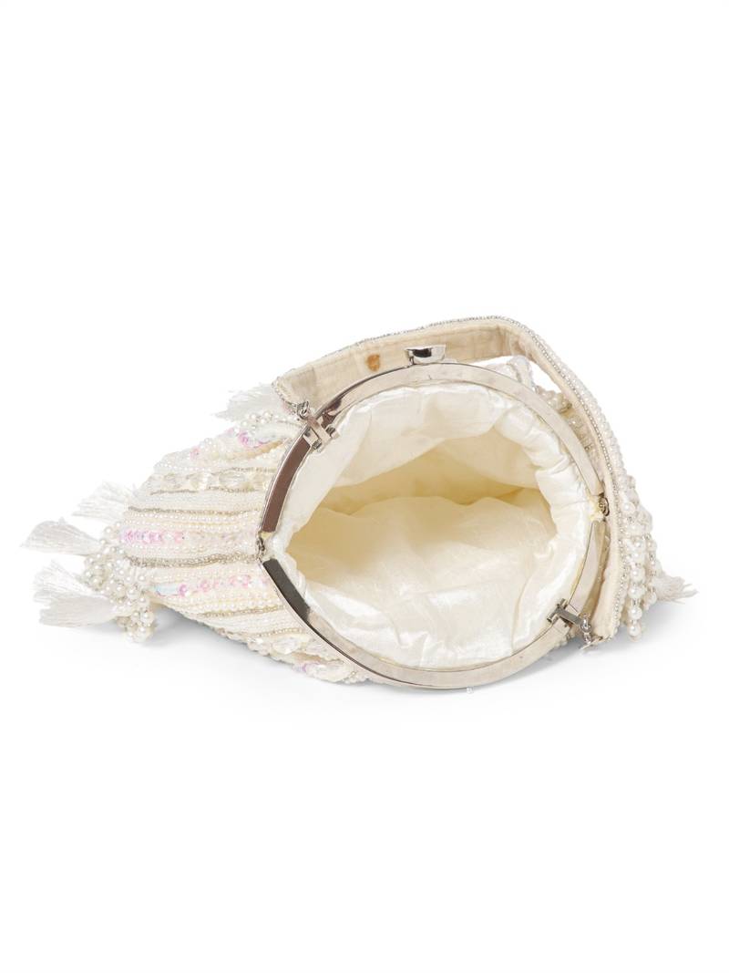 dewdrop fringe ivory, pearl & white embellished velvet clutch