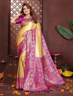 yellow banarasi tissue art silk saree 1