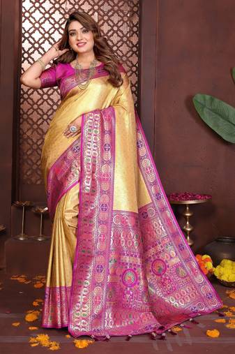 yellow banarasi tissue art silk saree