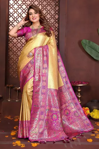yellow banarasi tissue art silk saree