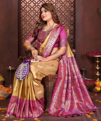 yellow banarasi tissue art silk saree 2