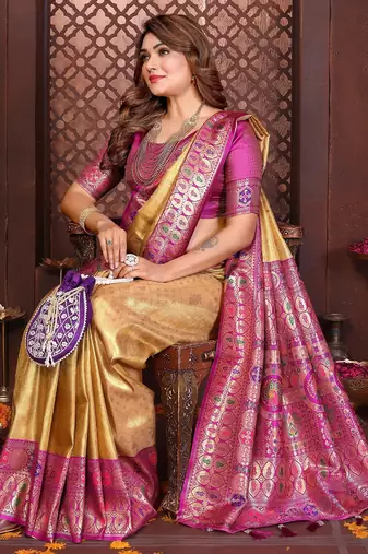 yellow banarasi tissue art silk saree