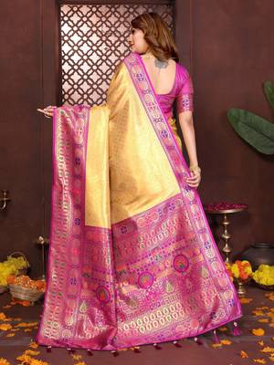 yellow banarasi tissue art silk saree 4
