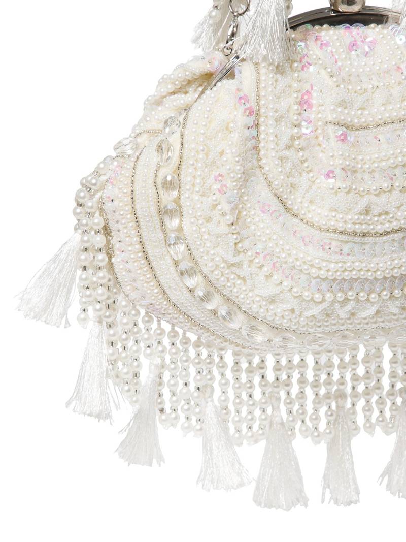 dewdrop fringe ivory, pearl & white embellished velvet clutch