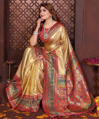 gold banarasi tissue art silk saree 4