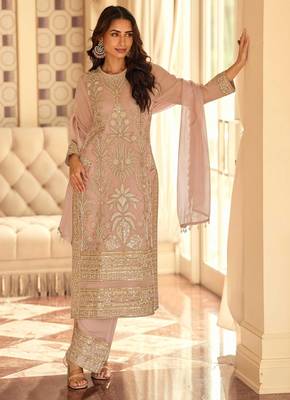 

baby pink georgette set with white thread zari & sequin work and embroidered slevless-Full Stitched free size 1