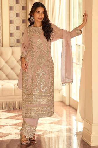 

baby pink georgette set with white thread zari & sequin work and embroidered slevless-Full Stitched free size