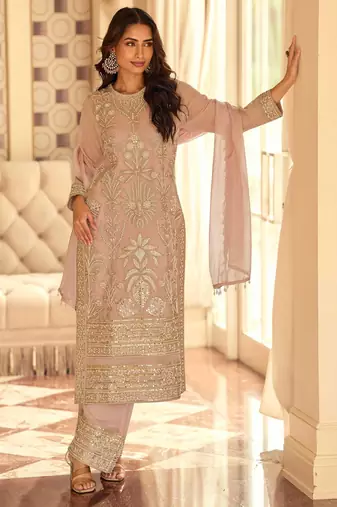 

baby pink georgette set with white thread zari & sequin work and embroidered slevless-Full Stitched free size