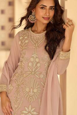 

baby pink georgette set with white thread zari & sequin work and embroidered slevless-Full Stitched free size 2