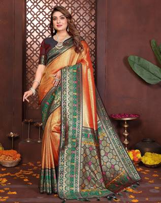 orange banarasi tissue art silk saree 1