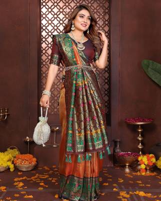 orange banarasi tissue art silk saree 2