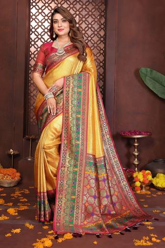 yellow banarasi tissue art silk saree