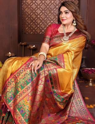yellow banarasi tissue art silk saree 2