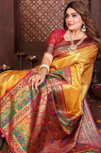 yellow banarasi tissue art silk saree