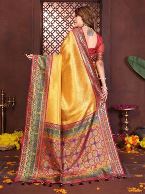 yellow banarasi tissue art silk saree 3