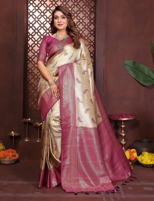 cream banarasi tissue art silk saree 1