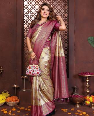 cream banarasi tissue art silk saree 2