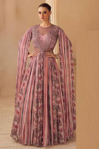 Dusty pink chinnon silk cape anarkali with golden zari thread floral embroidery and sequin detailing.
