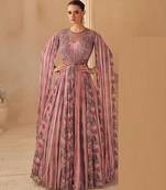Dusty pink chinnon silk cape anarkali with golden zari thread floral embroidery and sequin detailing.