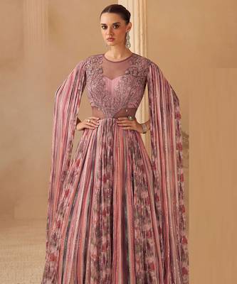 Dusty pink chinnon silk cape anarkali with golden zari thread floral embroidery and sequin detailing. 2