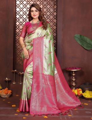 green banarasi tissue art silk saree 1