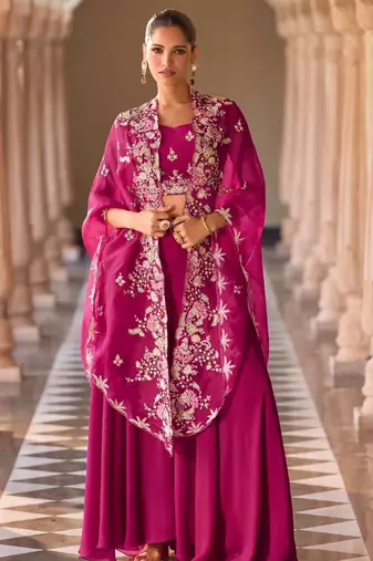 Magenta chinnon silk crop top palazzo with golden zari thread floral embroidery and sequin detailing 42")