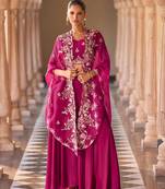 Magenta chinnon silk crop top palazzo with golden zari thread floral embroidery and sequin detailing 42")